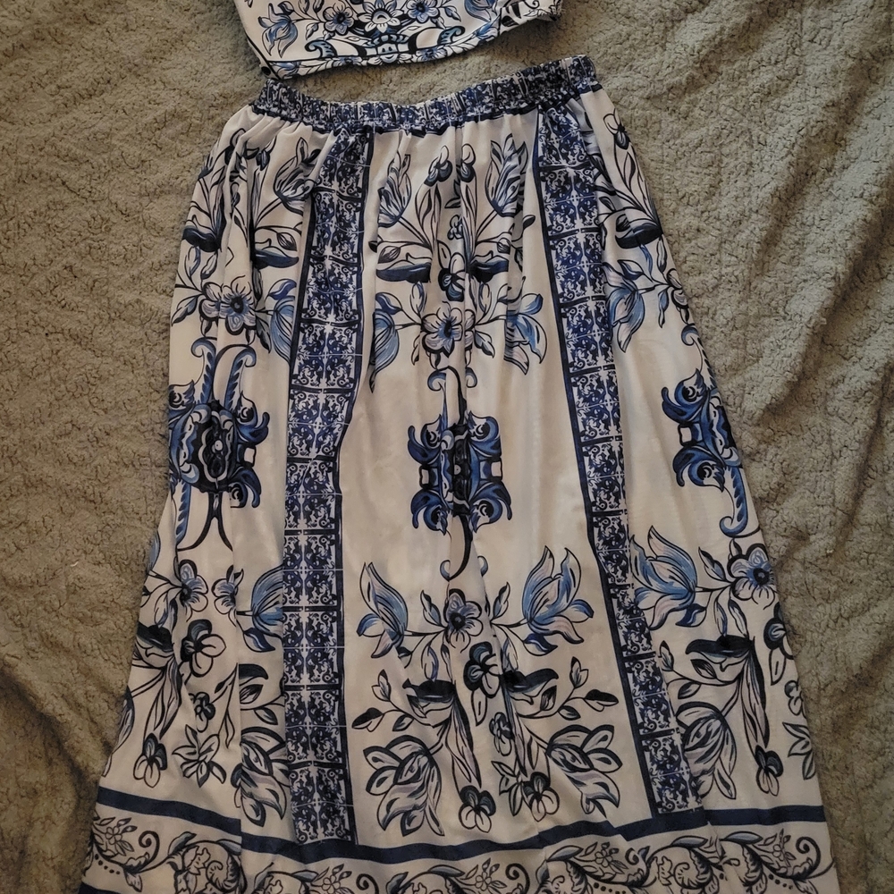 Floral Blue and White Maxi Skirt With Top